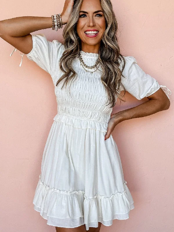 White Mini Dress with Puff Sleeves Elegant Off-Shoulder Dress Mini