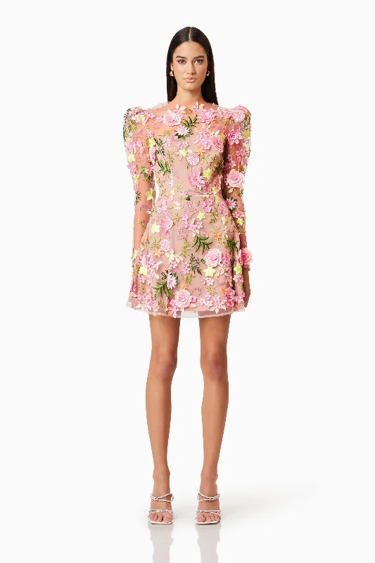 Elliatt Aella Long Sleeve Aline Mini Dress - Pink Multi Elegant Vintage Mini Dress