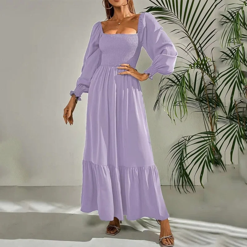 Women Maxi Dress Fashion Square Neck Long Flare Sleeve Nipped Waist Slim Ruffle Party Evening Dresses High Streetwear Tunics Stylish elegant