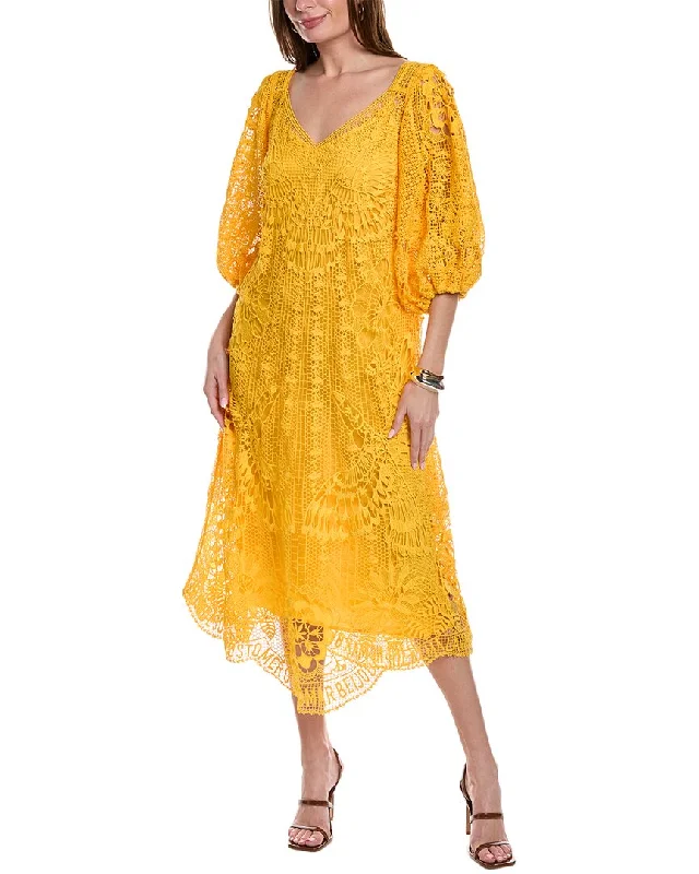 FARM Rio Guipure Midi Dress Off-the-shoulder Chic Trendy