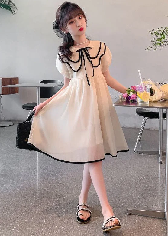 Elegant Apricot Peter Pan Collar Tie Waist Chiffon Girls Dress Summer TT010 Tunics Chic elegant