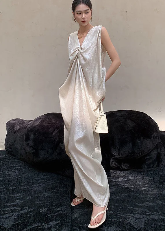 French Beige V Neck Wrinkled Silk Long Dress Sleeveless EE024 Tunics Print Colorful