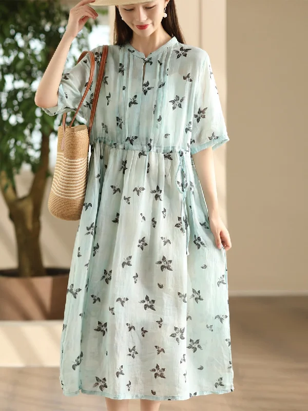 Women Summer Flower Shirred Artsy Strap Waist Dress RR023 Tunics Sophisticated sleek