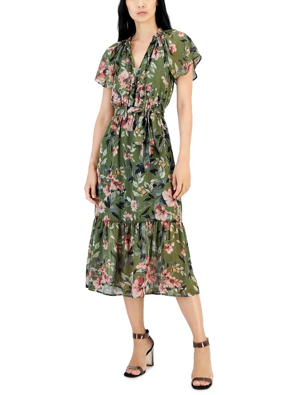 Womens Shadow Stripe Floral Midi Dress Tunics Corduroy durable