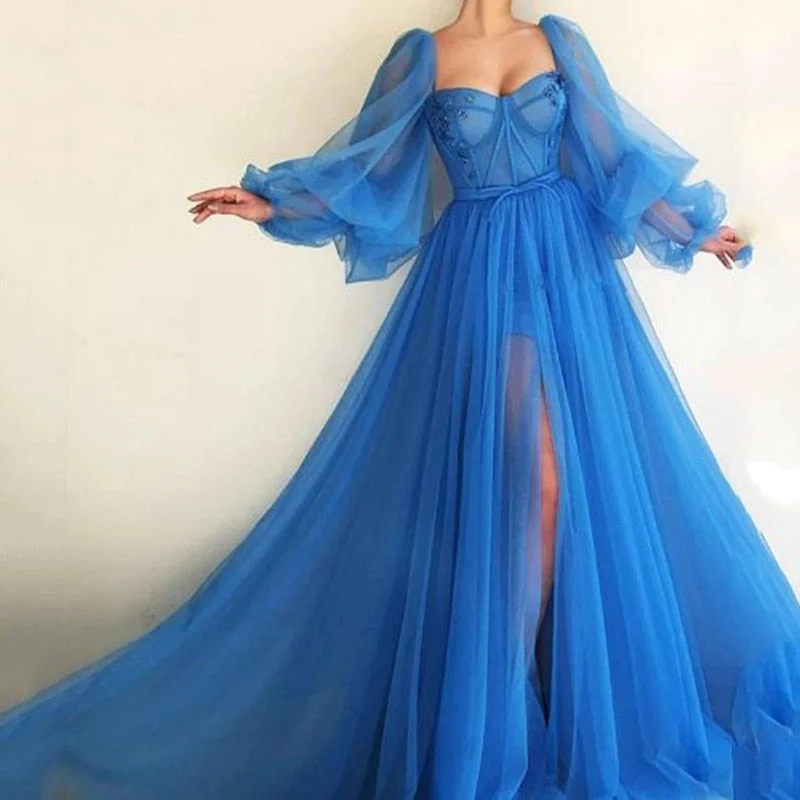 Zjkrl Simple Blue Prom Dresses Long Puff Sleeves Exposed Boning Illusion Evening Dresses High Slit Tulle A-Line Formal Gowns Tunics Fleece cozy