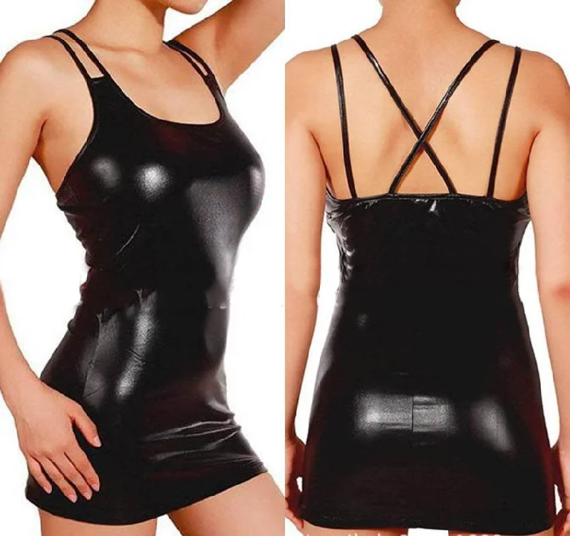 Black Metallic Double Strap Tank Style Mini Dress Trendy Wraparound Mini Dress