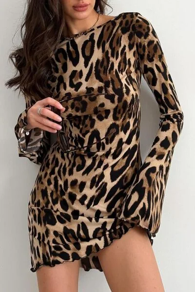 Backless Leopard Long Sleeve Mini Dress Trendy Tulle Mini Dress