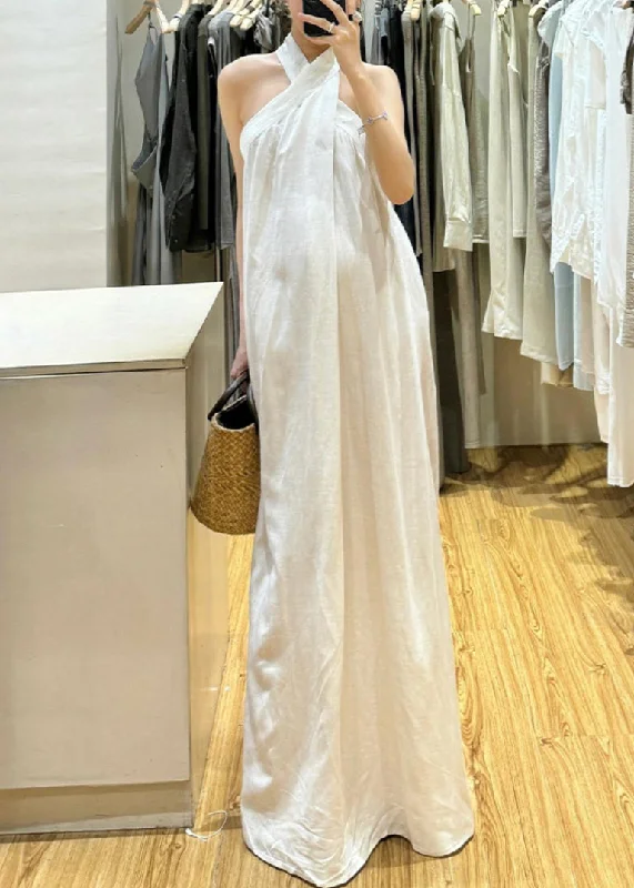 New White Cold Shoulder Solid Cotton Maxi Dresses Sleeveless EE011 Elegant Long Evening
