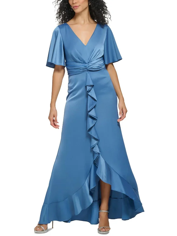 Womens Satin Flutter Sleeves Evening Dress Tunics Bridal satin