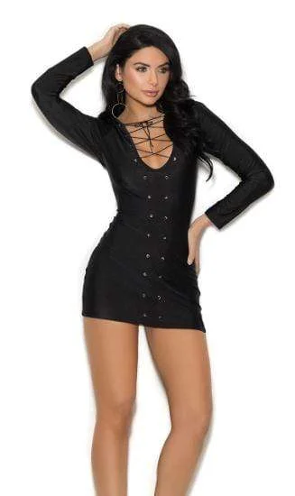 Black Long Sleeve Lace-Up Punge Front Mini Dress Fashionable A-Line Mini Dress