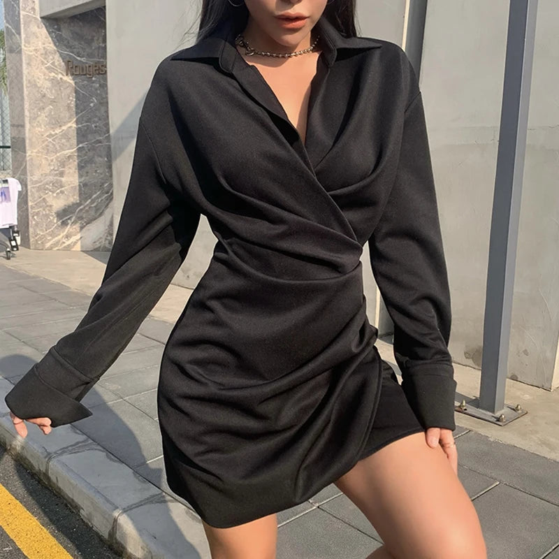 Bonnyshow Spring Satin Irregular Slim Mini Dress Elegant Solid Color Long Sleeve Dress Fashion Lapel Commute Pleated Slim Shirt Dress Lady Trendy Crossover Mini Dress Bonnyshow Spring Satin Irregular Slim Mini Dress Elegant Solid Color Long Sleeve Dress Fashion Lapel Commute Pleated Slim Shirt Dress Lady Trendy Crossover Mini Dress