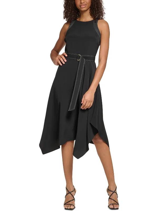 Womens Handkerchief Hem Sleeveless Midi Dress A-Line Day Work