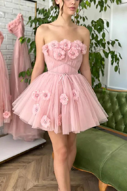 Princess Mini Dress 3D Flowers Pink Homecoming Dress WD219 Elegant Off-Shoulder Dress Mini