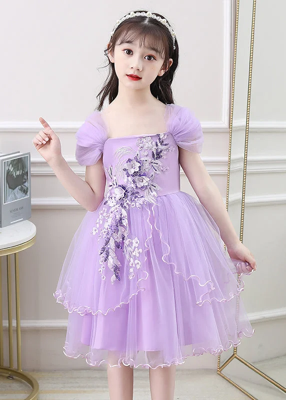 New Purple Embroideried High Waist Tulle Girls Vacation Maxi Dresses Summer EW013 Tunics Trousers formal