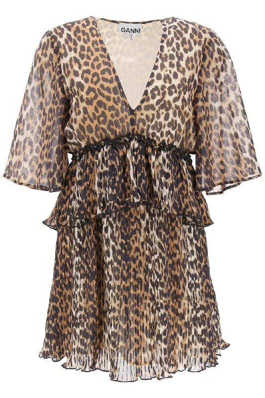 Ganni Women's Pleated Mini Dress With Leopard Motif Tunics Wedding white