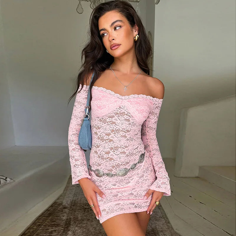 Bonnyshow Sexy Off Shoulder See-Through Lace Dress For Women Long Sleeve Elegant Slim Solid Splice Beach Evening Mini Dress Female Stylish Button-Down Mini Dress Bonnyshow Sexy Off Shoulder See-Through Lace Dress For Women Long Sleeve Elegant Slim Solid Splice Beach Evening Mini Dress Female Stylish Button-Down Mini Dress