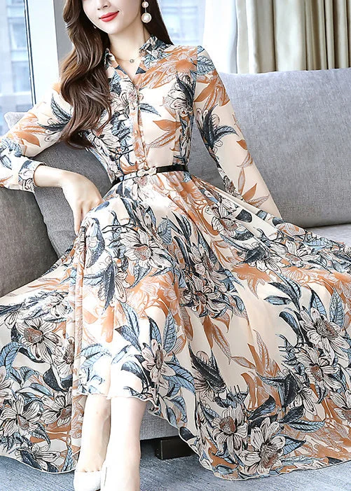 Modern Khaki Print Tie Waist Chiffon Dresses Spring OO023 Tunics Wedding white