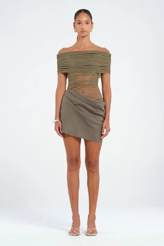 Benni Nico Off Shoulder Mini Dress - Khaki Comfortable Off-Shoulder Mini Dress