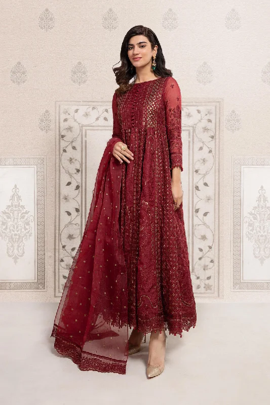 Royal Red Shade Chikankari Pakistani Party Dress in Long Frock Style sweetheart Neckline Romantic