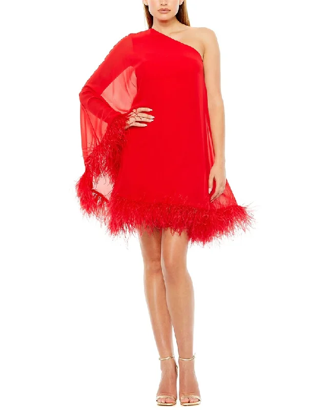 Mac Duggal One Shoulder Trapeze Dress with Feather Trim Crew Neckline Sporty