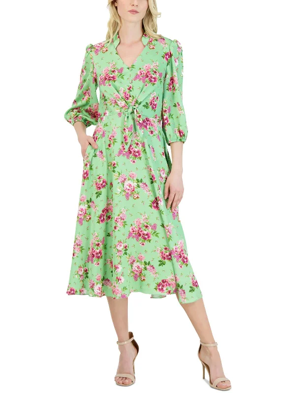 Womens Floral Front Tie Midi Dress Tunics stripes playful
