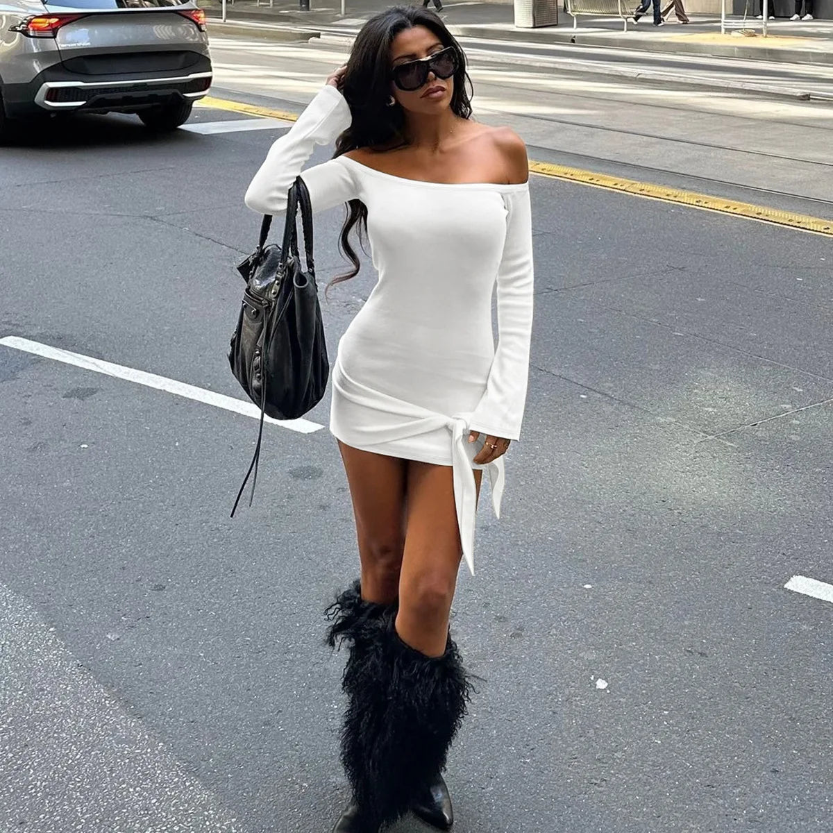 Bonnyshow Fashion Bandage Off-Shoulder MIni Dresses For Women Patchwork Lace-Up Backless Elegant Y2K Clothes 2024 Bodycon Dress Modern Satin Mini Dress Bonnyshow Fashion Bandage Off-Shoulder MIni Dresses For Women Patchwork Lace-Up Backless Elegant Y2K Clothes 2024 Bodycon Dress Modern Satin Mini Dress