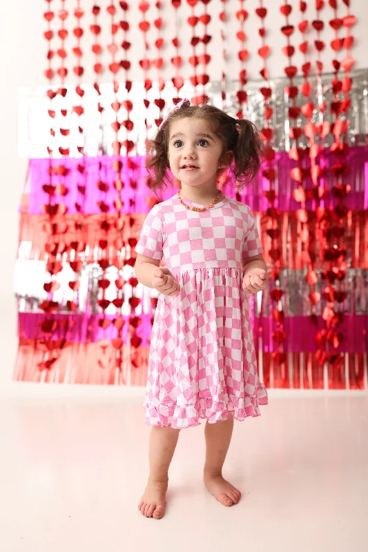 BUBBLEGUM CHECKERS DREAM RUFFLE DRESS Tunics Silk luxurious