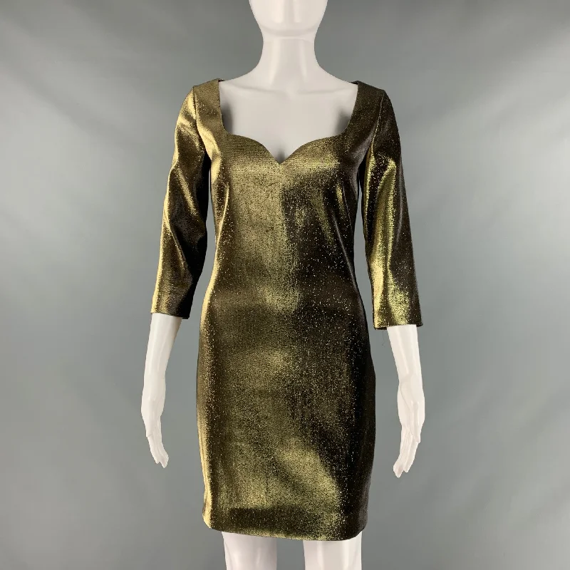 AREA Size S Gold Cotton Blend Metallic Mini Dress Stylish Short Sleeve Mini Dress