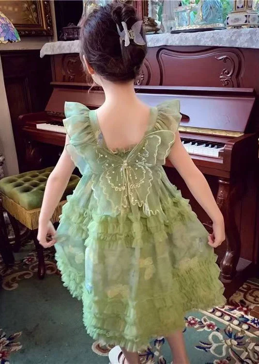 Stylish Green Bow Tulle Patchwork Girls Long Dress Summer TT002 Tunics Timeless classic