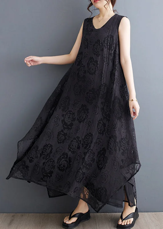 Boho Black O-Neck Asymmetrical Hollow Out Floral Holiday Lace Maxi Dress Summer UU027 Turtleneck Warm Winter