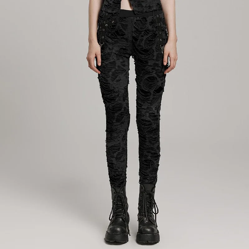 Women's Punk Ripped Eyelet Chain Leggings Trendy Adjustable Waist Leggings