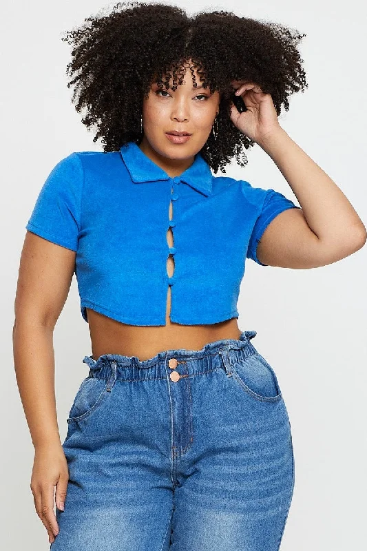Blue Crop Top Terry Short Sleeve Button Front Thin Crop Top Open Front Quick Dry