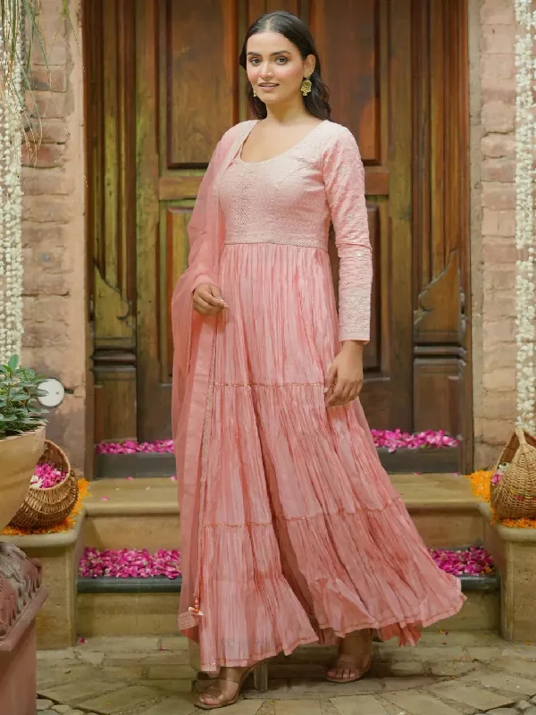 Libas Art Peach Embroidered Cotton Blend A-Line Kurta With Trousers & Dupatta Trousers Print Floral Libas Art Peach Embroidered Cotton Blend A-Line Kurta With Trousers & Dupatta Trousers Print Floral