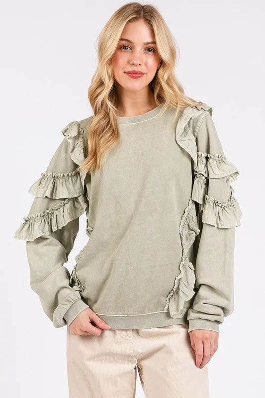 Hazel Blues® | Mittoshop Ruffled Mineral Washed Round Neck Long Sleeve Sweatshirt Hoodie with Contrast Stitching Detailed Premium Hazel Blues® | Mittoshop Ruffled Mineral Washed Round Neck Long Sleeve Sweatshirt Hoodie with Contrast Stitching Detailed Premium