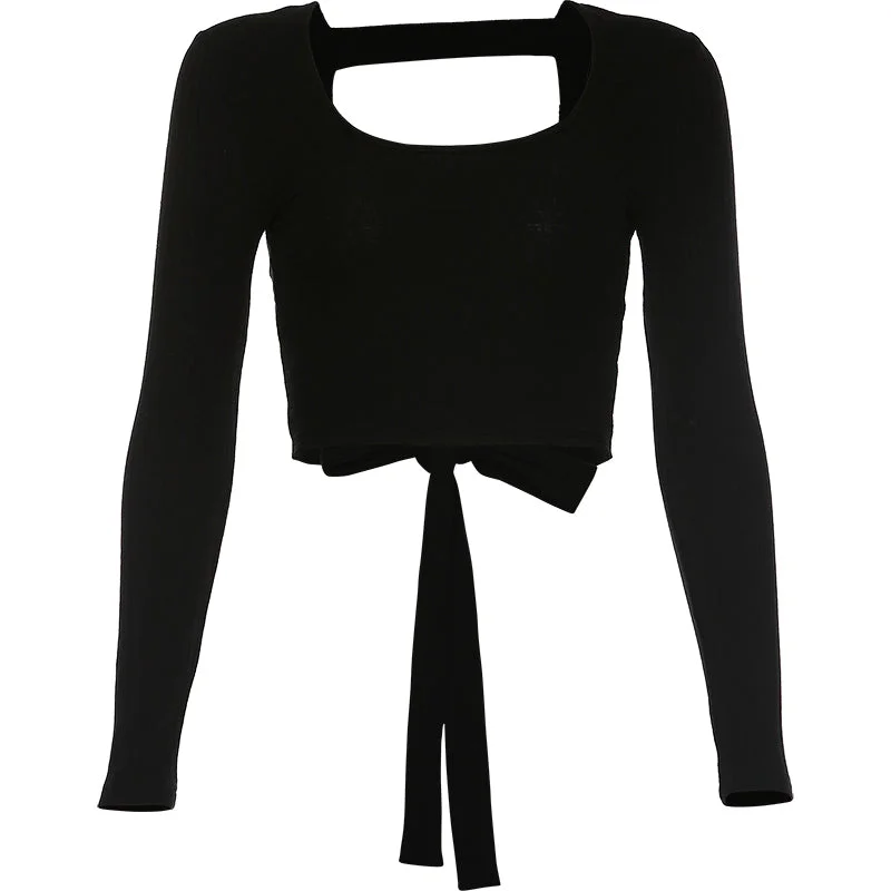 Long Sleeved Tie-Back Crop Top Houndstooth Herringbone Solid