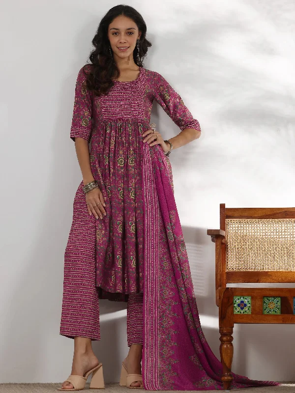 Pink Printed Silk Blend A-Line Kurta With Trousers & Dupatta Trousers Bootcut Casual Pink Printed Silk Blend A-Line Kurta With Trousers & Dupatta Trousers Bootcut Casual