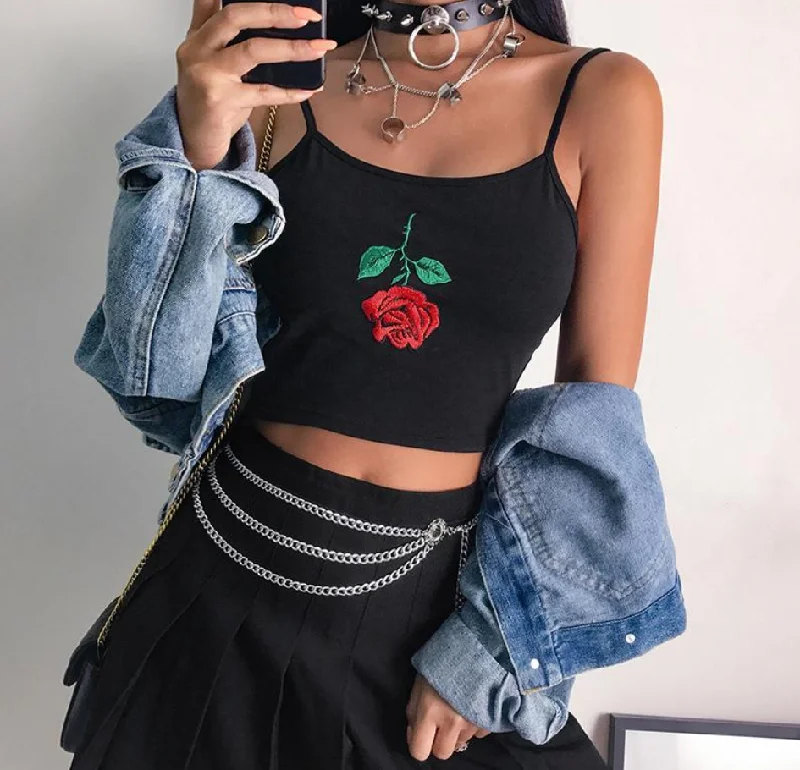 Rose Embroidered Crop Top Notch Collar Peter Pan Collar Cowl Neck