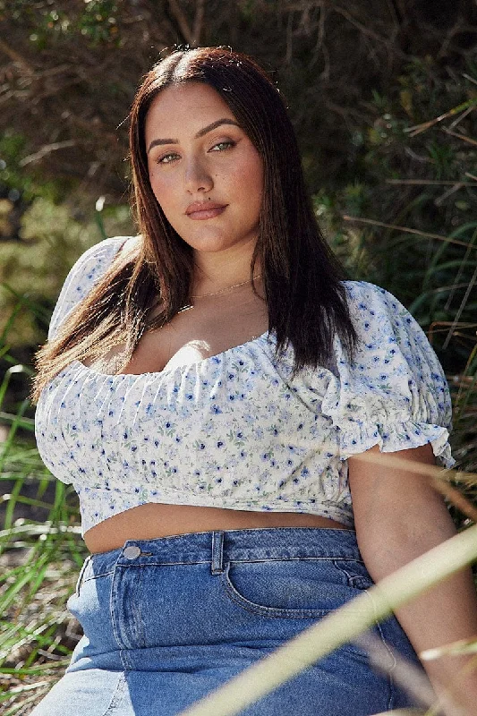 Blue Ditsy Crop Top Short Sleeve Tie Back Front Pockets Side Pockets Patch Pockets