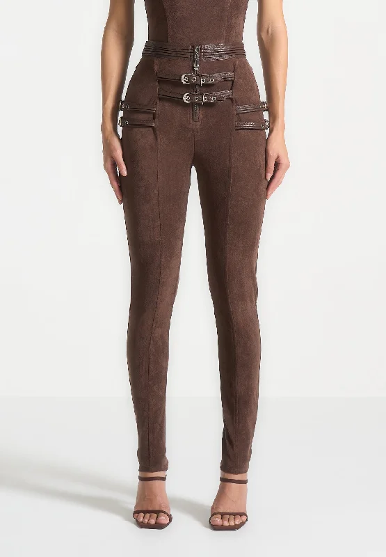 Suede Buckle Detail Leggings - Brown Comfortable Zip-Up Leggings