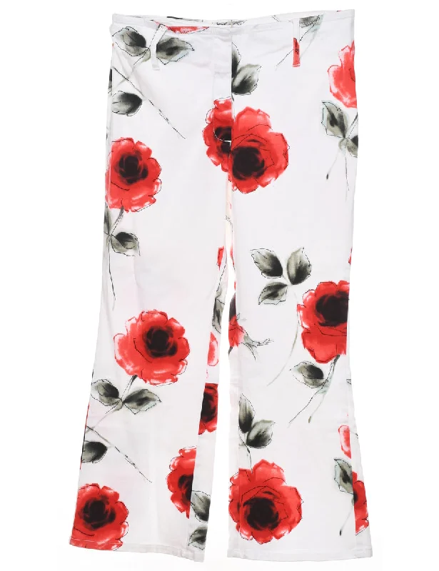 White Floral Print Trousers - W31 L27 Trousers Seasonal Trendy