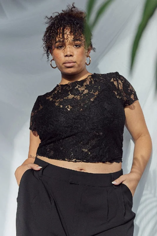 Black Lace Crop Top Short Sleeve Round Neck Mesh Blend Leather Blend Suede Blend