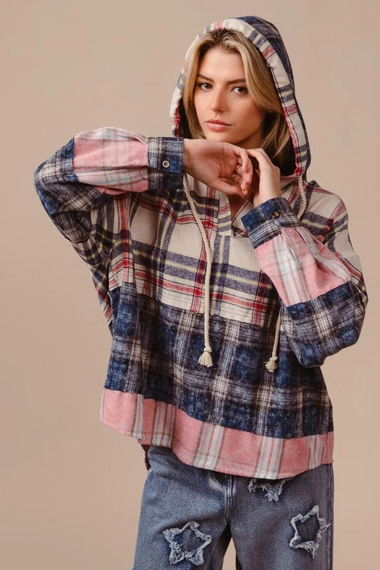 Hazel Blues® |  BiBi Drawstring Plaid Drop Shoulder Hoodie Hoodie with Monochrome Minimalist Simple