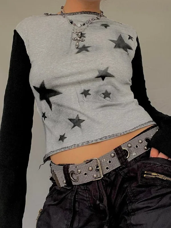 Y2K Star Graphic Print Vintage Crop Top Asymmetrical Pockets Print