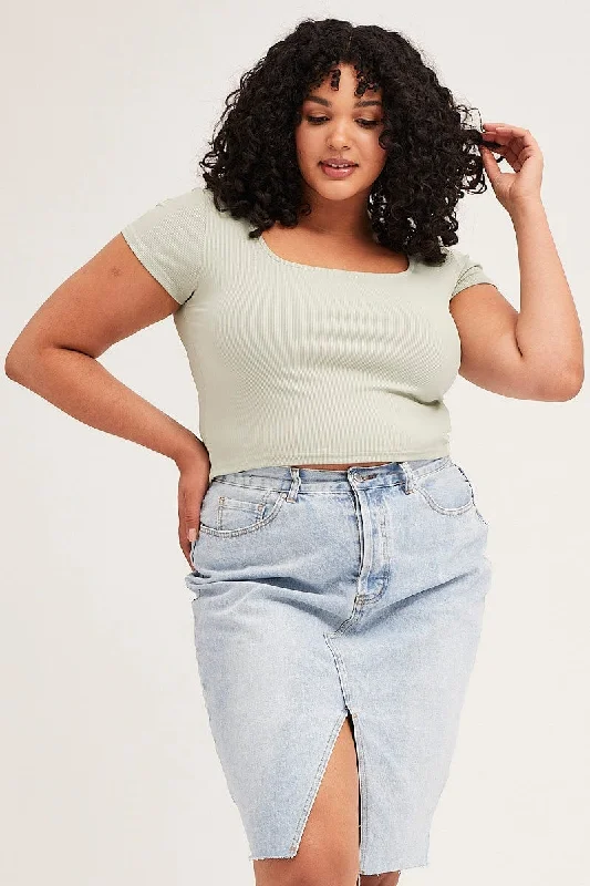 Green Square Neck Short Sleeve Crop Top Chenille Fabric Brocade Fabric Lace Fabric