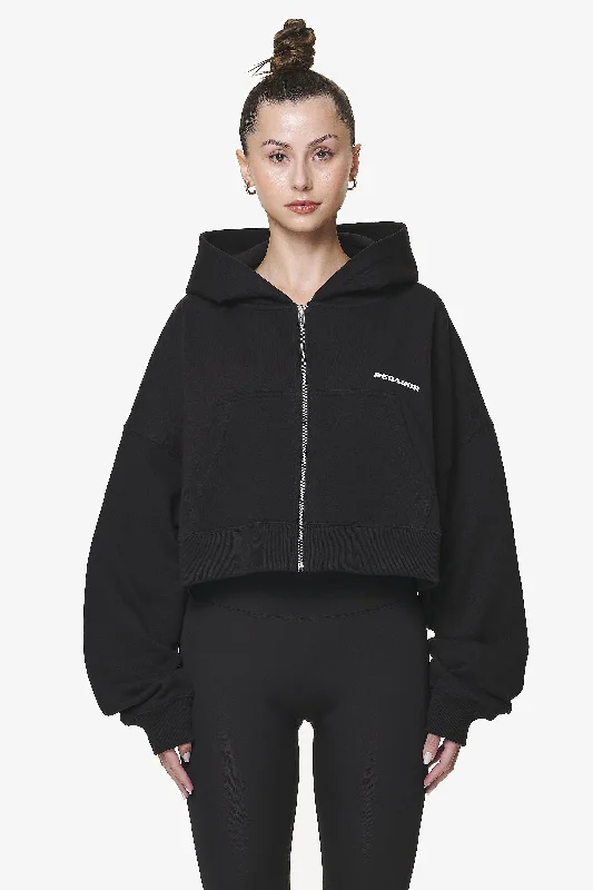 Marla Cropped Zip Hoodie Black Gum Hoodie with Tied Waist Feminine Flattering