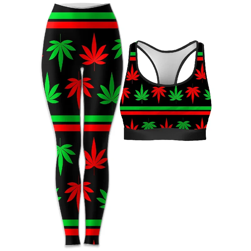Red And Green Festive Bud Rave Bra and Leggings Combo Stylish Side-Stripe Leggings