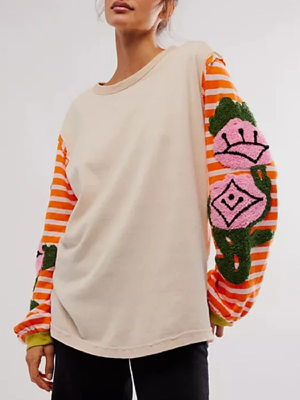 Hazel Blues® | Striped Round Neck Long Sleeve Sweatshirt Hoodie with Patch Decorative Personalized Hazel Blues® | Striped Round Neck Long Sleeve Sweatshirt Hoodie with Patch Decorative Personalized