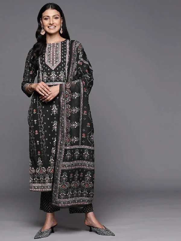 Black Printed Crepe Straight Kurta With Trousers & Dupatta Trousers Handmade Artisanal