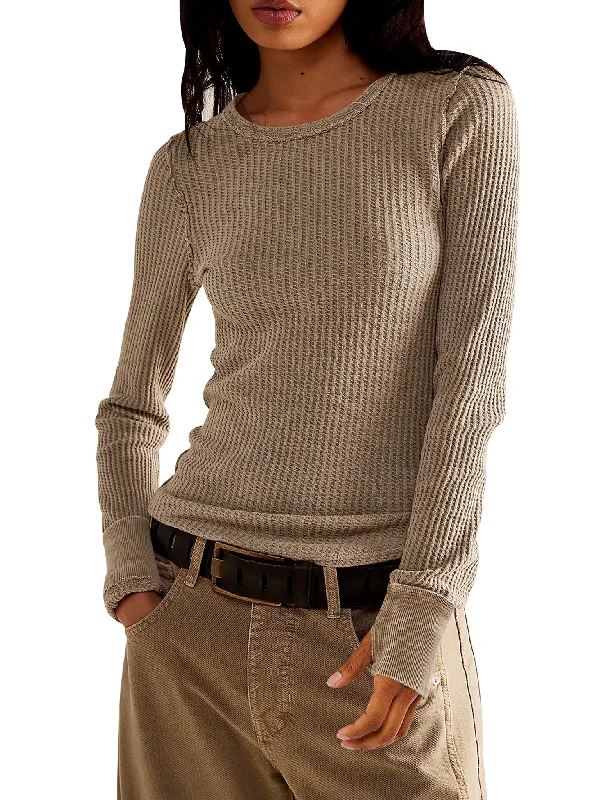 Women's Waffle Knit Tops Long Sleeve Shirts Casual Slim Fitted Crew Neck Pullover Shirts Textured Knit Design