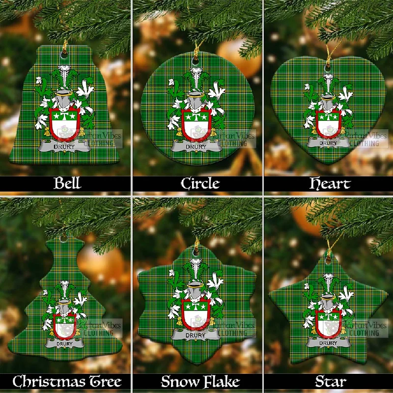 Drury Irish Clan Tartan Christmas Ceramic Ornament with Coat of Arms Vest Waistcoat Gilet